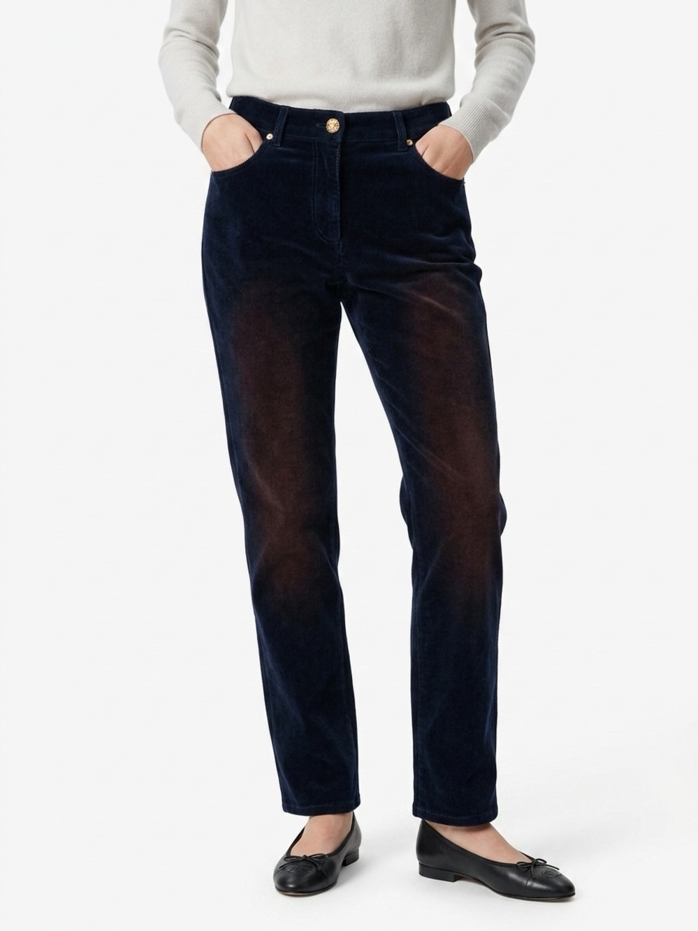Chanel 17A Paris Cosmopolite Straight Velvet Pants Navy Copper 44